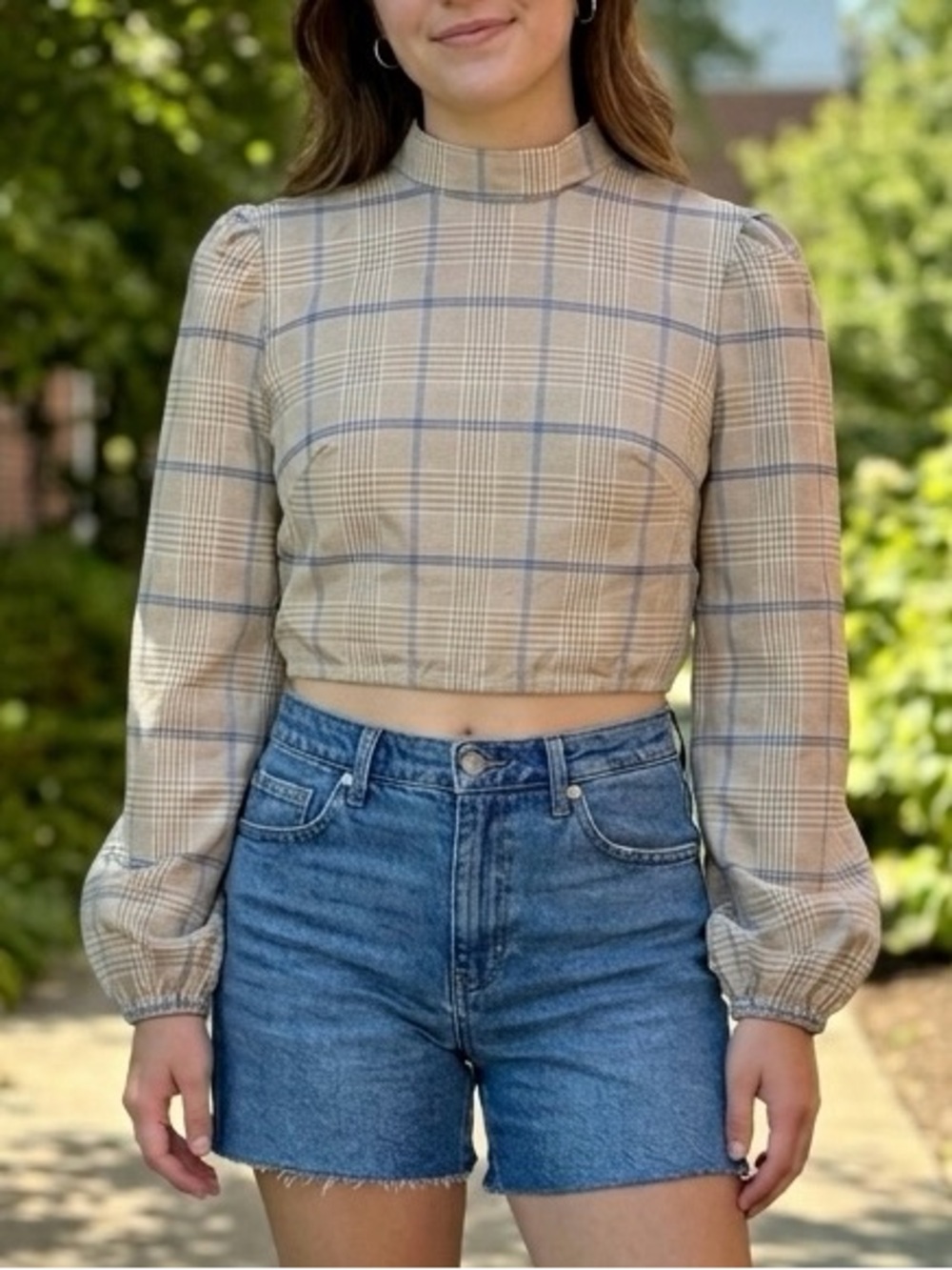 SHEIN Tan Blue Plaid Cropped Jacket Puff Sleeve Mock Neck Top Zip Back XS NWOT